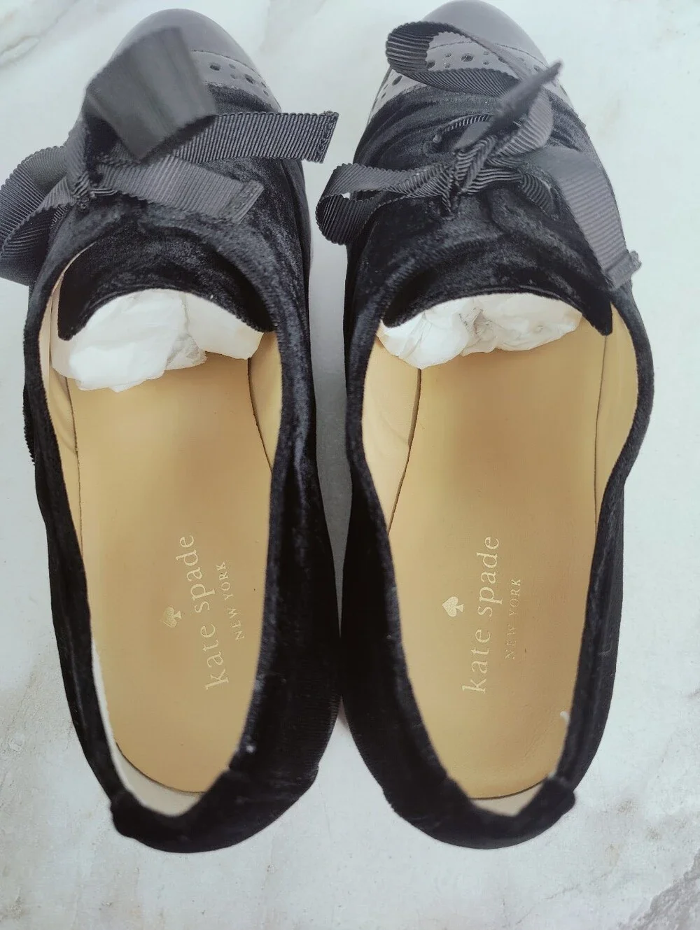 EUC Kate Spade Poppin Too Black Velvet Patent Leather Cap Toe Oxfords, Sz 10